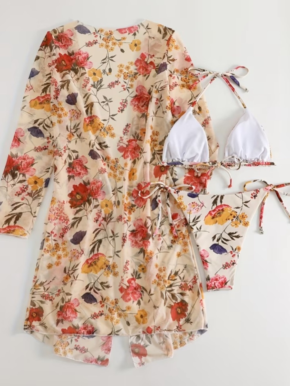 💮 Floral 3 Piece Bikini Set w Cover Up Kimono Size L Boho Swim - Picture 4 of 12